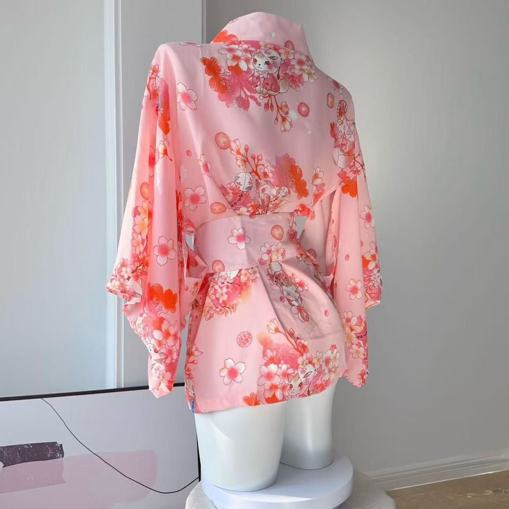 Kimono Nữ Hồng Cao Cấp Dáng Ngắn Tay Rộng Phong Cách Nhật Bản Thanh Lịch