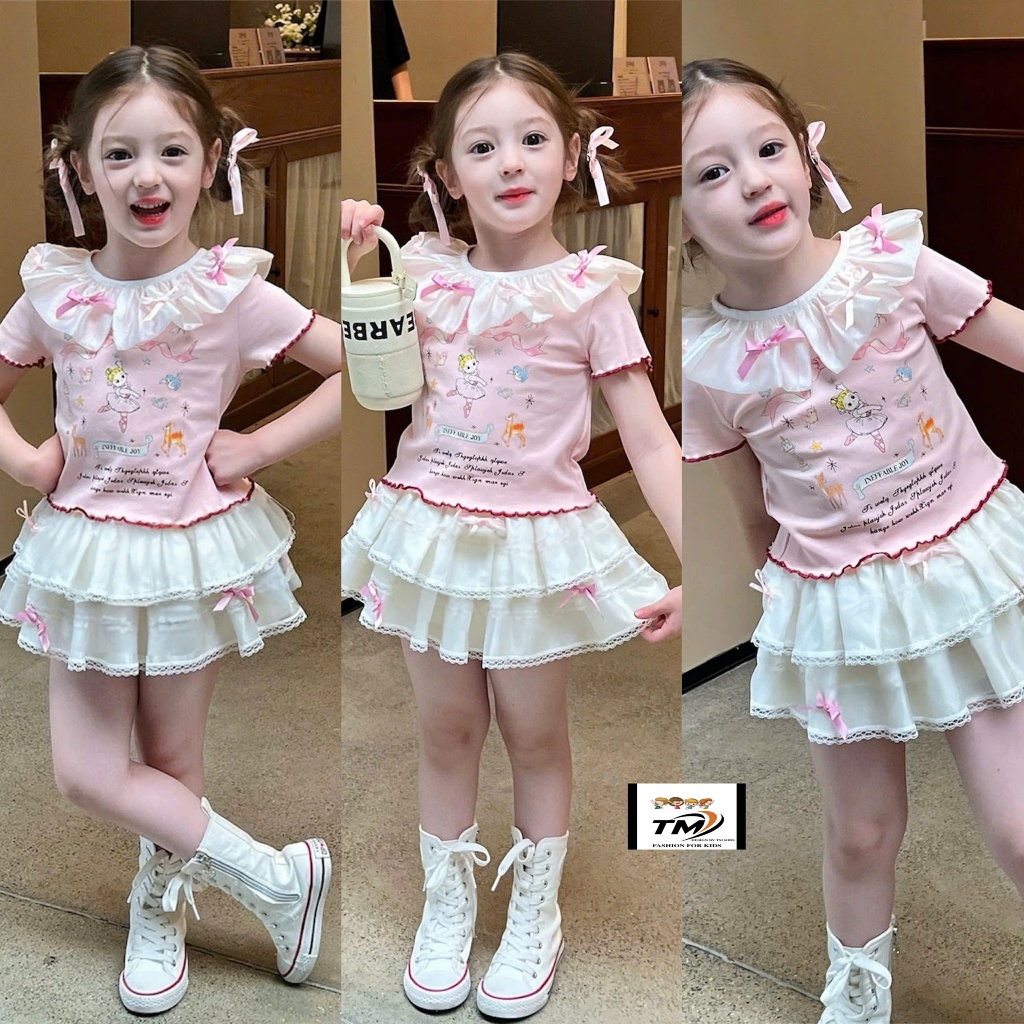 [SALE SỐC 99K] Đồ bộ bé gái, Set đồ bé gái áo cotton phối bèo kèm chân váy 2 tầng xinh xắn cho bé 8-30kg Babi Kids