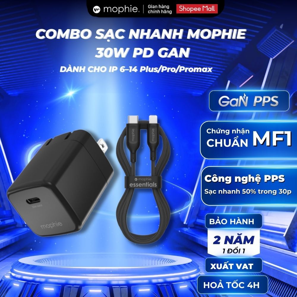 Combo Sạc nhanh Mophie 30W PD GaN USB C to LN, sạc nhanh dành cho i.P 6-14 series - Bảo hành 2 năm