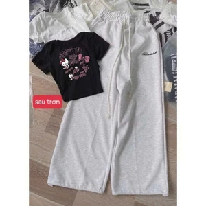 Sét bộ thu đông quần dài kẻ caro đen + mix áo crotop tăm trơn co giãn thoải mái-shopThuBio98