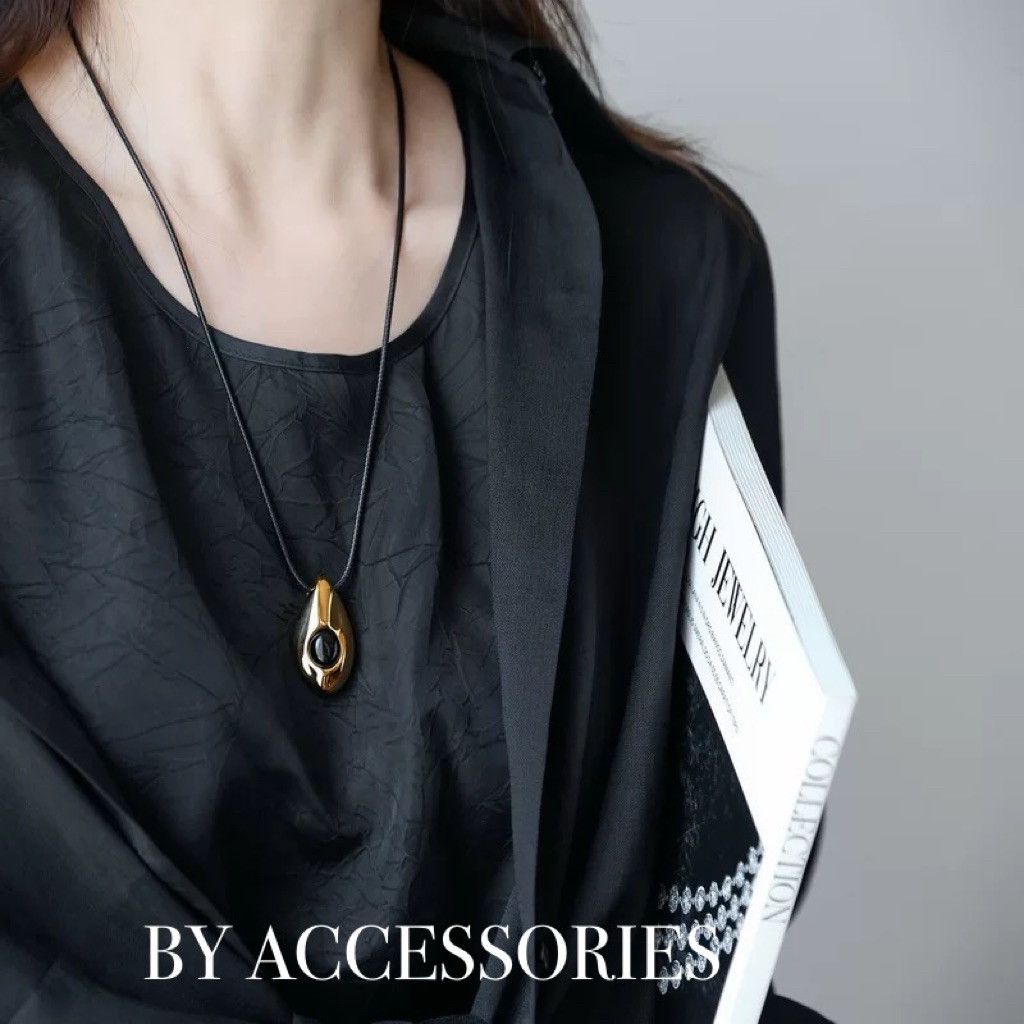 Dây chuyền nữ unisex titan mặt hình giọt nước khảm đá mã não đen dây da thời trang cá tính không gỉ WN2615 BY ACC