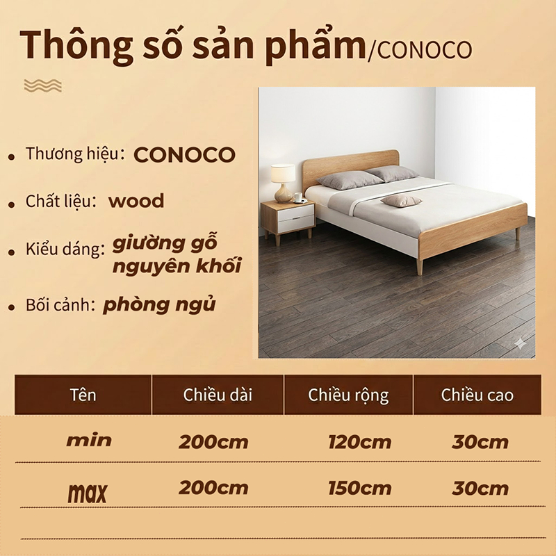 CONOCO Giường Ngủ GỗTự Nhiên Chân Cao 30cm Khung Chắc Chắn Dễ Vệ Sinh Size 1m2 1m5