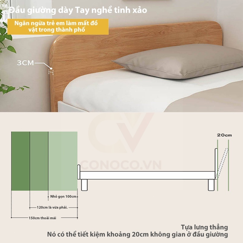 CONOCO Giường Ngủ GỗTự Nhiên Chân Cao 30cm Khung Chắc Chắn Dễ Vệ Sinh Size 1m2 1m5