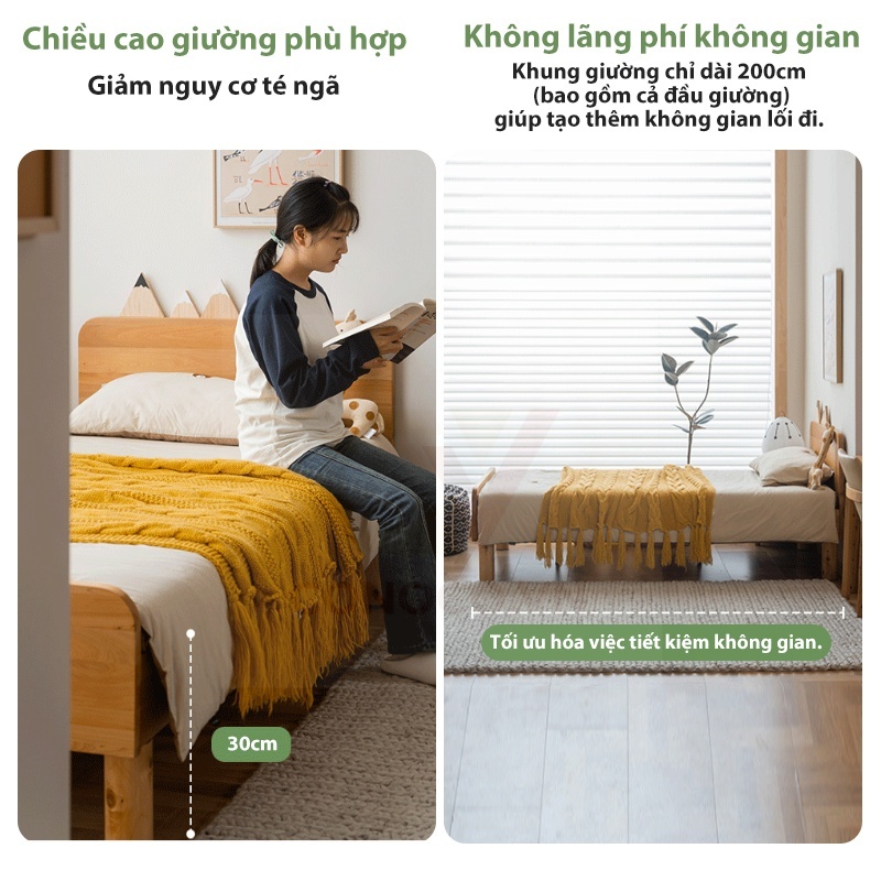 CONOCO Giường Ngủ GỗTự Nhiên Chân Cao 30cm Khung Chắc Chắn Dễ Vệ Sinh Size 1m2 1m5