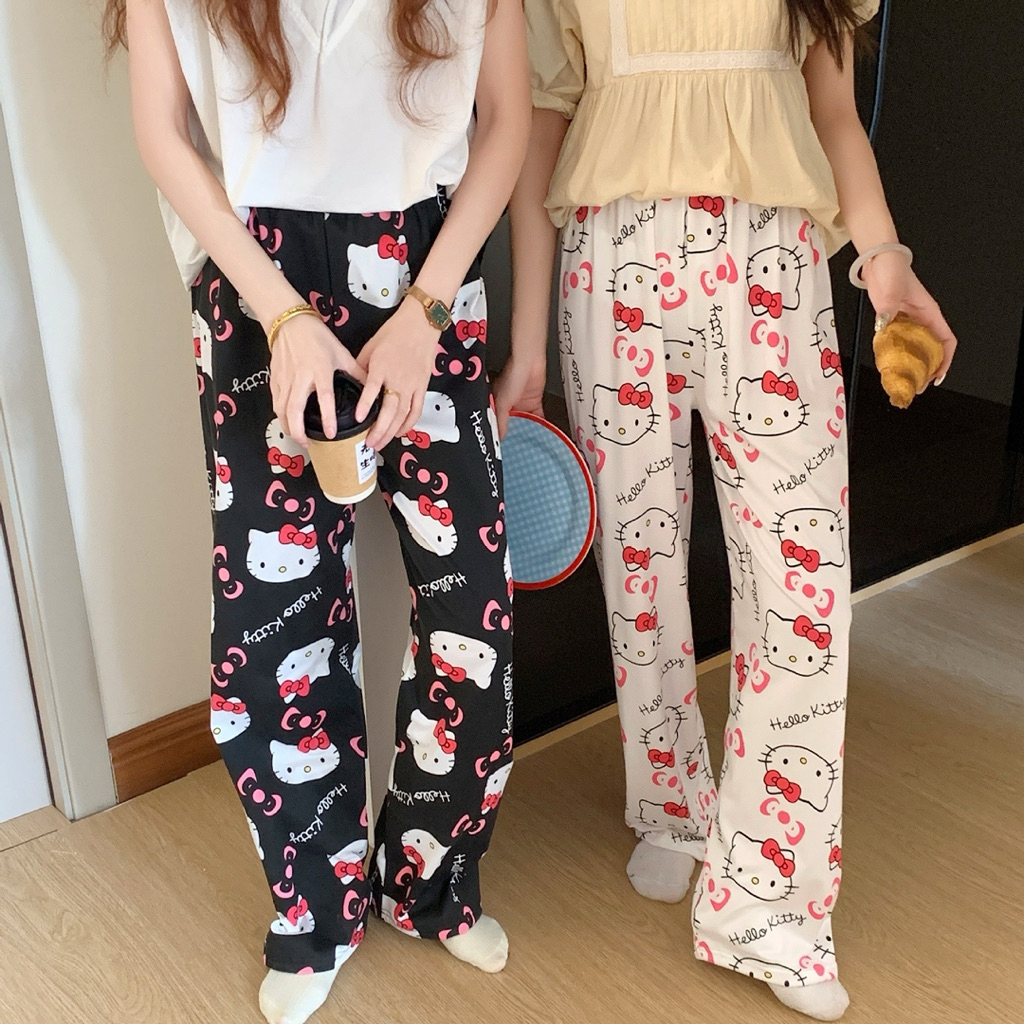 Quần Dài Mặc Nhà In Hình Hello Kitty Dễ Thương Form Suông Rộng
