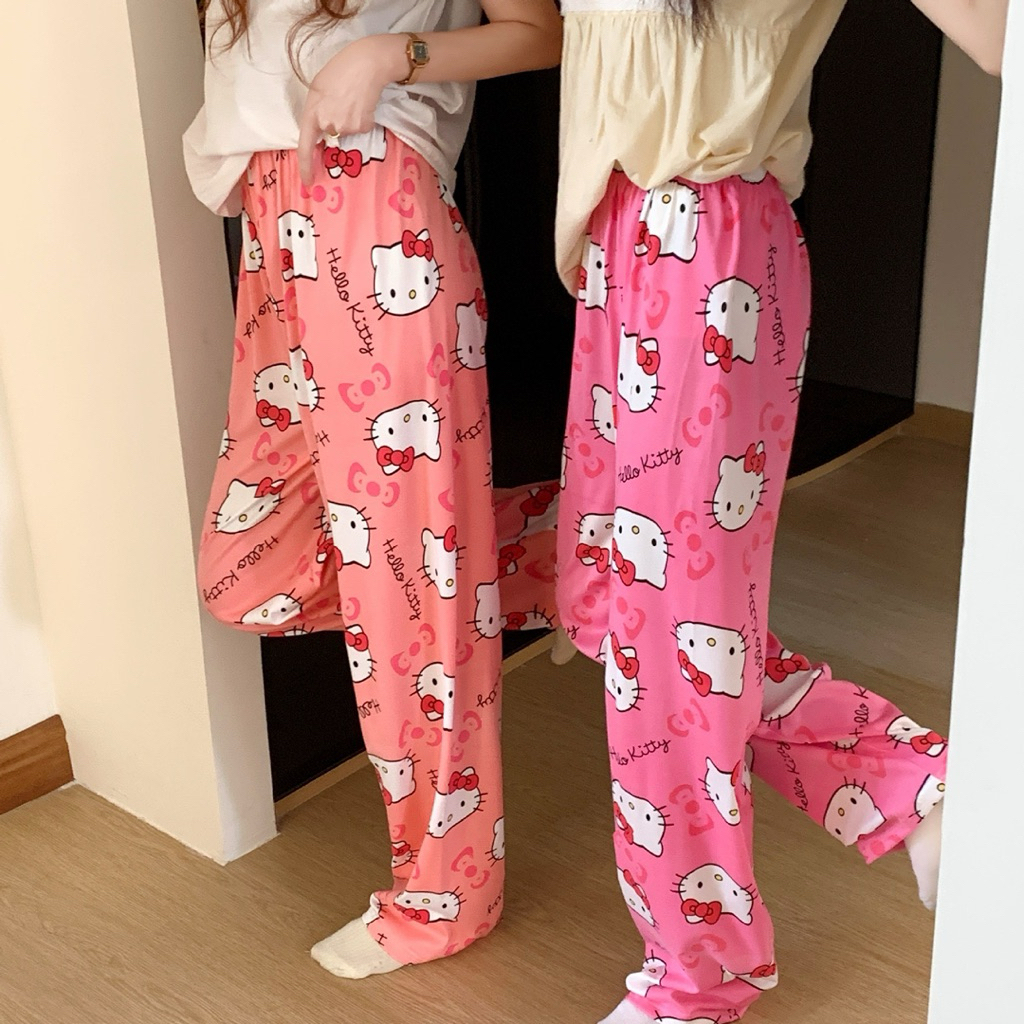 Quần Dài Mặc Nhà In Hình Hello Kitty Dễ Thương Form Suông Rộng