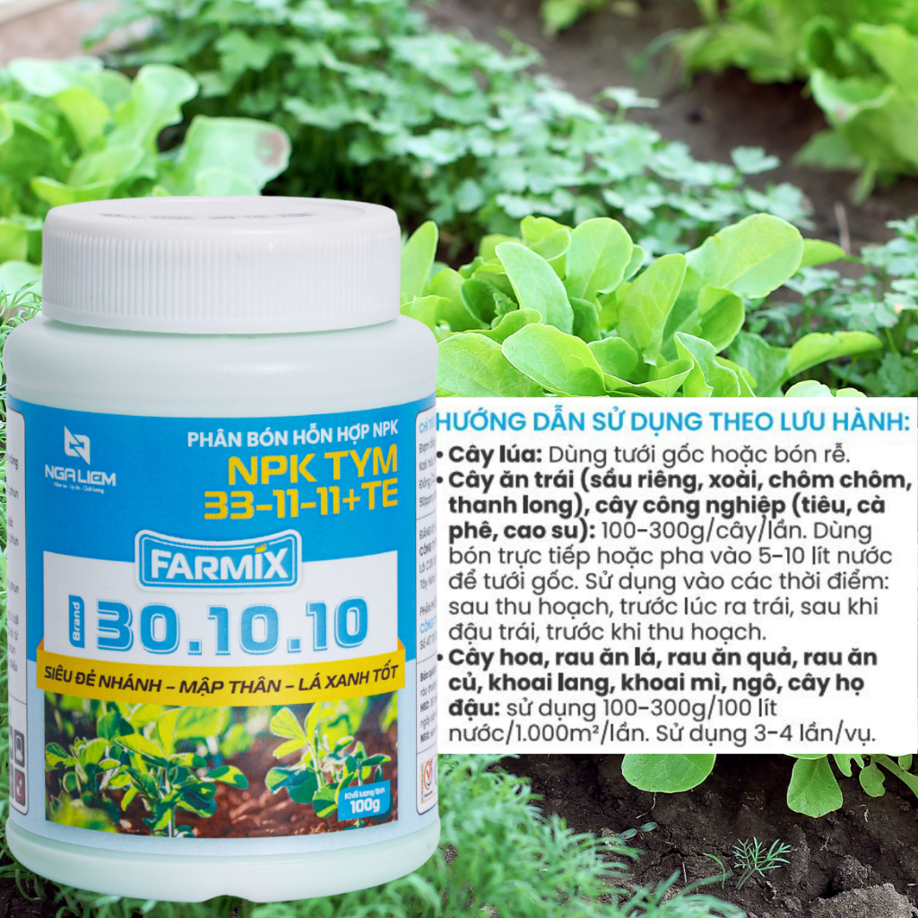 NPK 30-10-10+TE FARMIX – Siêu đẻ nhánh, mập thân, lá xanh tốt (hũ 100gram)