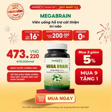 Viên uống bổ não Ginkgo Biloba MegaBrain Hotchland giúp tăng cường trí nhớ, tuần hoàn não - Hộp 60 viên.