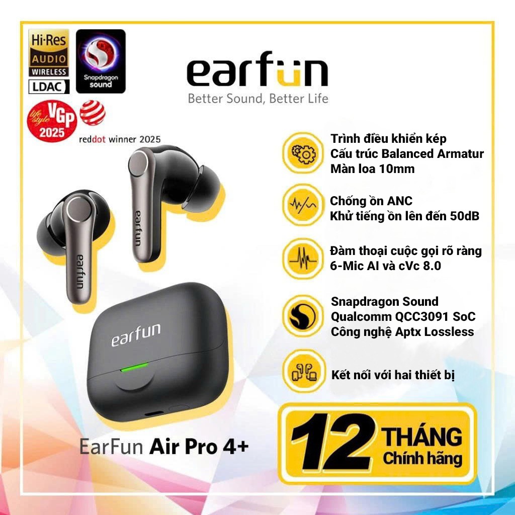 Tai nghe Bluetooth Earfun Air Pro 4+ chống ồn ANC 50dB aptX Lossless LDAC có hỗ trợ dịch thuật AI | BigBuy360 - bigbuy360.vn