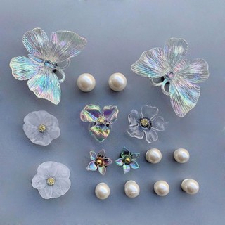 Set Charm Bướm Pha Lê Trắng & Hoa Ngọc Trai – Charm Gắn Dép Nữ Cao Cấp