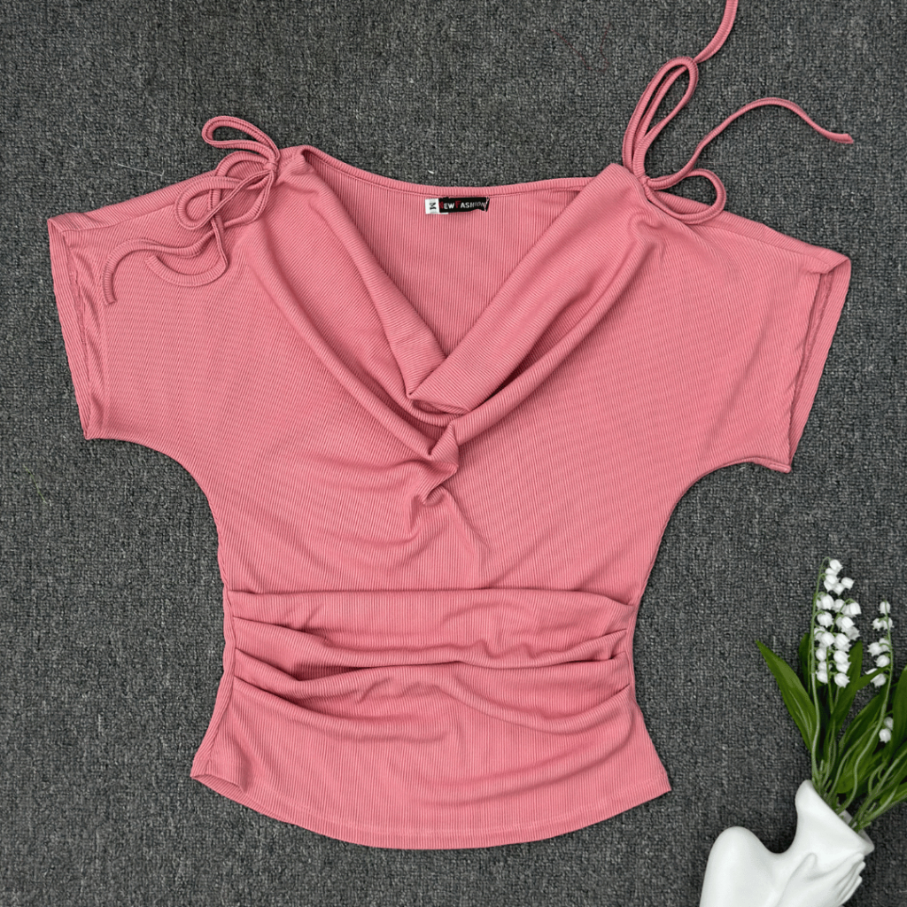 Áo Thun Nữ Rút Dây Vai Cổ Đổ MS573 ESHOP – Thun Tăm Co Giãn, Ôm Dáng Tôn Body Big Size 45kg-85kg