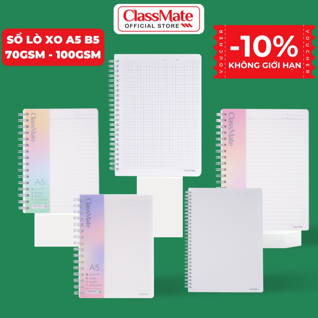 Sổ Lò Xo 100GSM ClassMate Sổ Tay Ghi Chép 200 Trang Bìa Nhựa A5 B5 70GSM Kẻ Ngang Caro Dot Grid Viết Bài Takenote