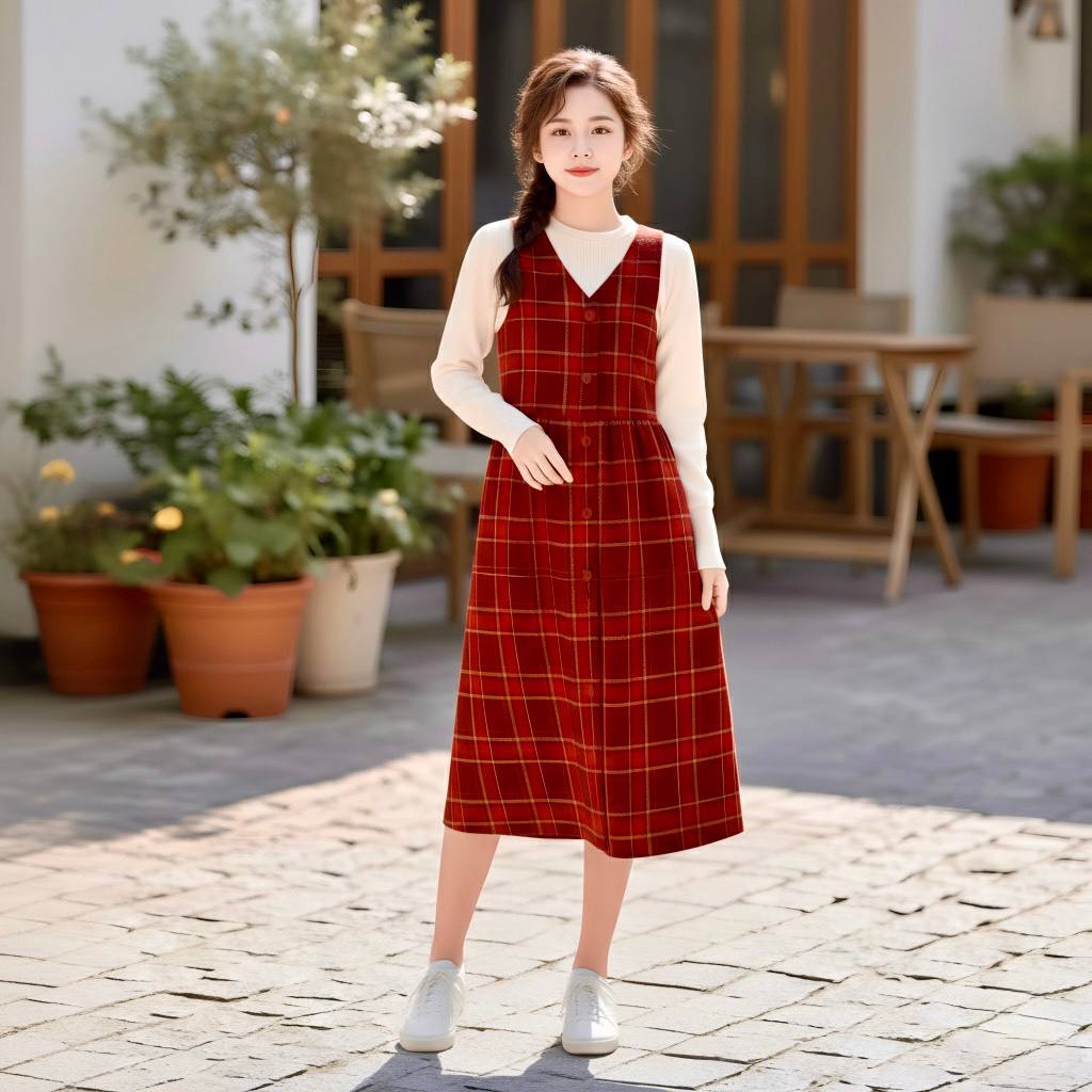 Set váy caro đỏ kèm áo len be cho bé gái size đại BEESHOP D25115