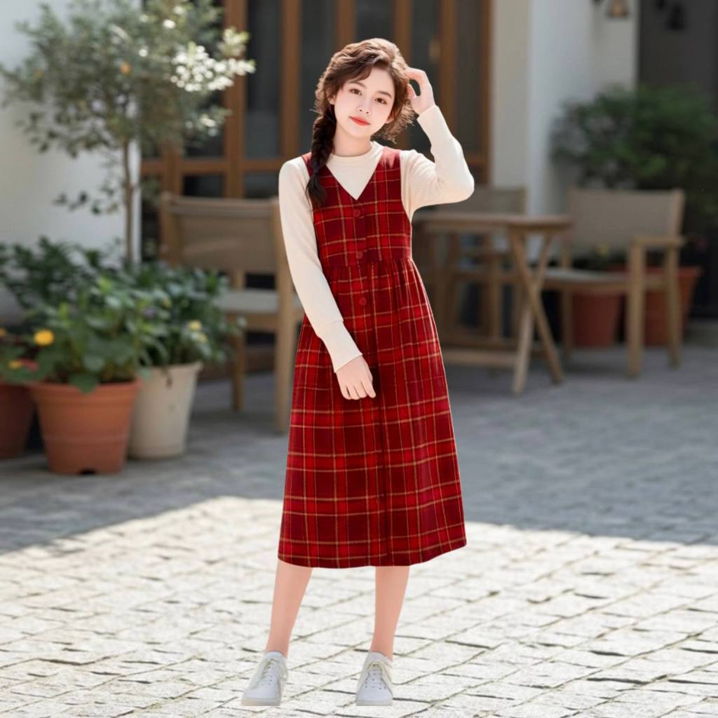 Set váy caro đỏ kèm áo len be cho bé gái size đại BEESHOP D25115