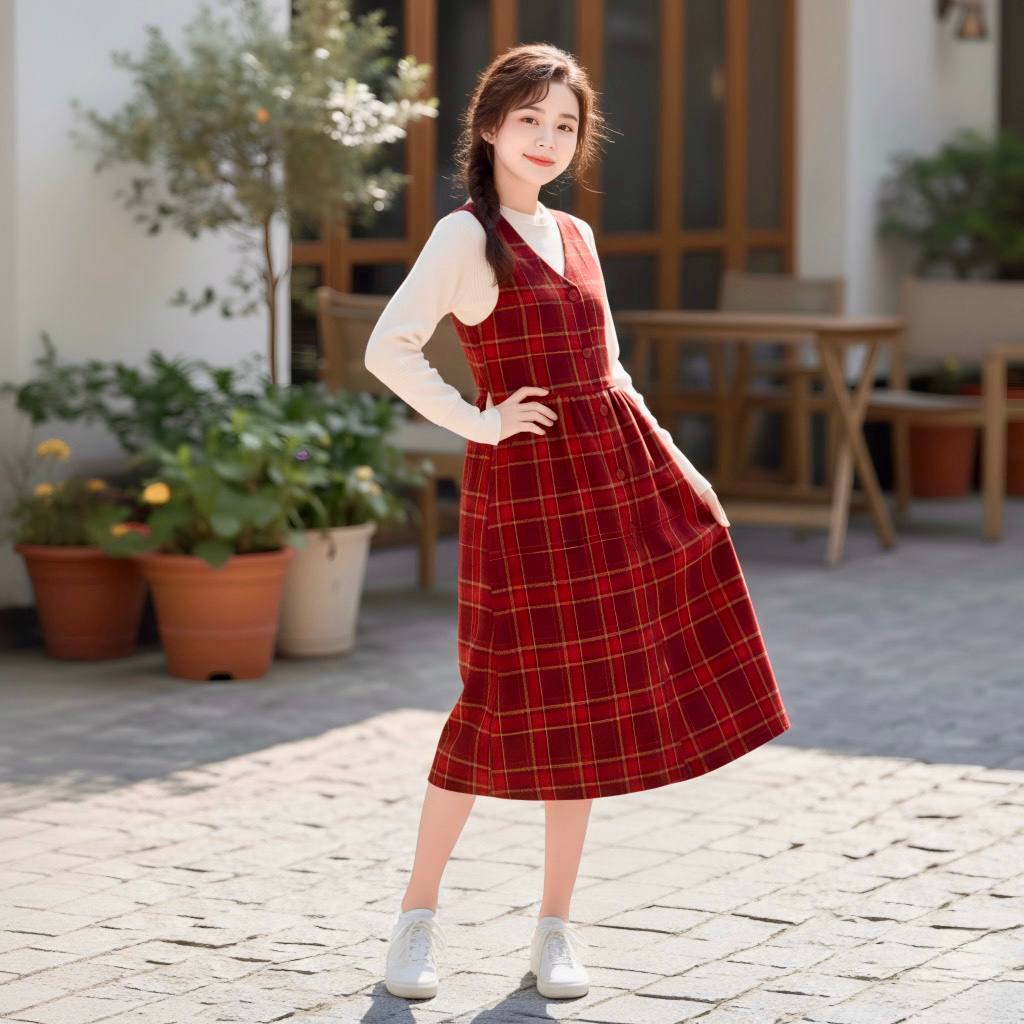 Set váy caro đỏ kèm áo len be cho bé gái size đại BEESHOP D25115
