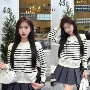 DELIZ - Áo len cardigan mỏng tay dài phối cúc viền đỏ kẻ ngang chất len lông thỏ dệt kim hàng thiết kế CD834