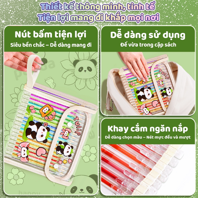 Bút highlight kim tuyến óng ánh – Bộ 24 bút gel nhũ nhiều màu, mực trong suốt sáng đẹp, tặng tem gấu trúc độc đáo
