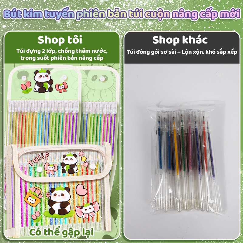 Bút highlight kim tuyến óng ánh – Bộ 24 bút gel nhũ nhiều màu, mực trong suốt sáng đẹp, tặng tem gấu trúc độc đáo