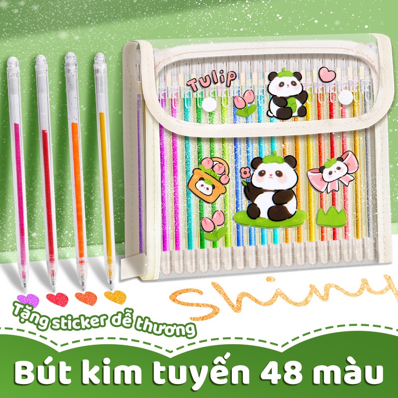 Bút highlight kim tuyến óng ánh – Bộ 24 bút gel nhũ nhiều màu, mực trong suốt sáng đẹp, tặng tem gấu trúc độc đáo