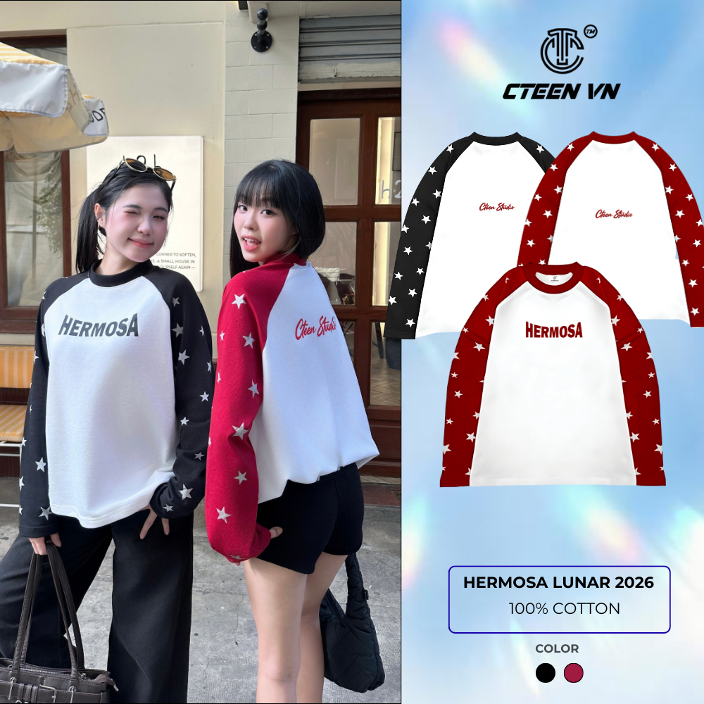 Áo Raglan Tay Dài in chữ HERMOSA, Áo thun Cotton Da cá phối tay hình ...