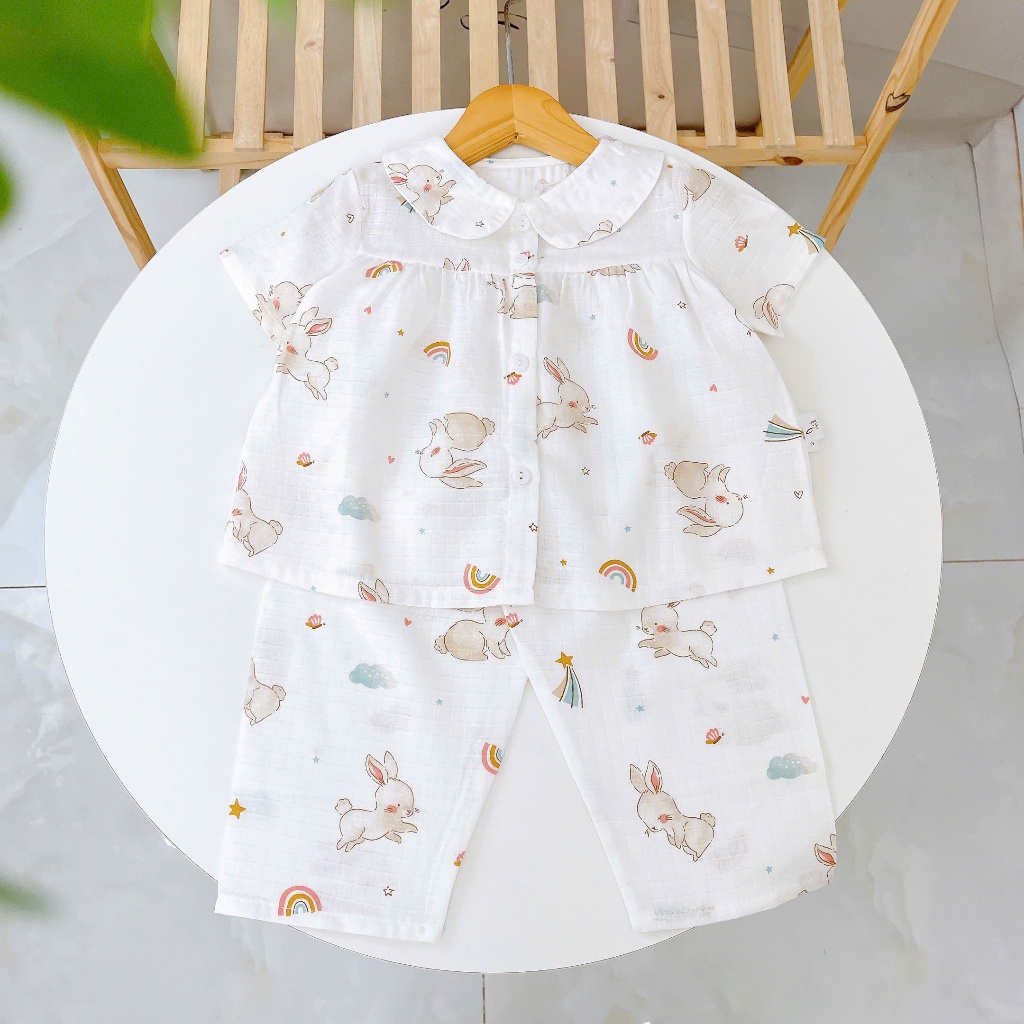 Pijama cho bé gái tay ngắn quần dài xô cotton Lá Homewear A378, đồ bộ xô bé gái babydoll dễ thương