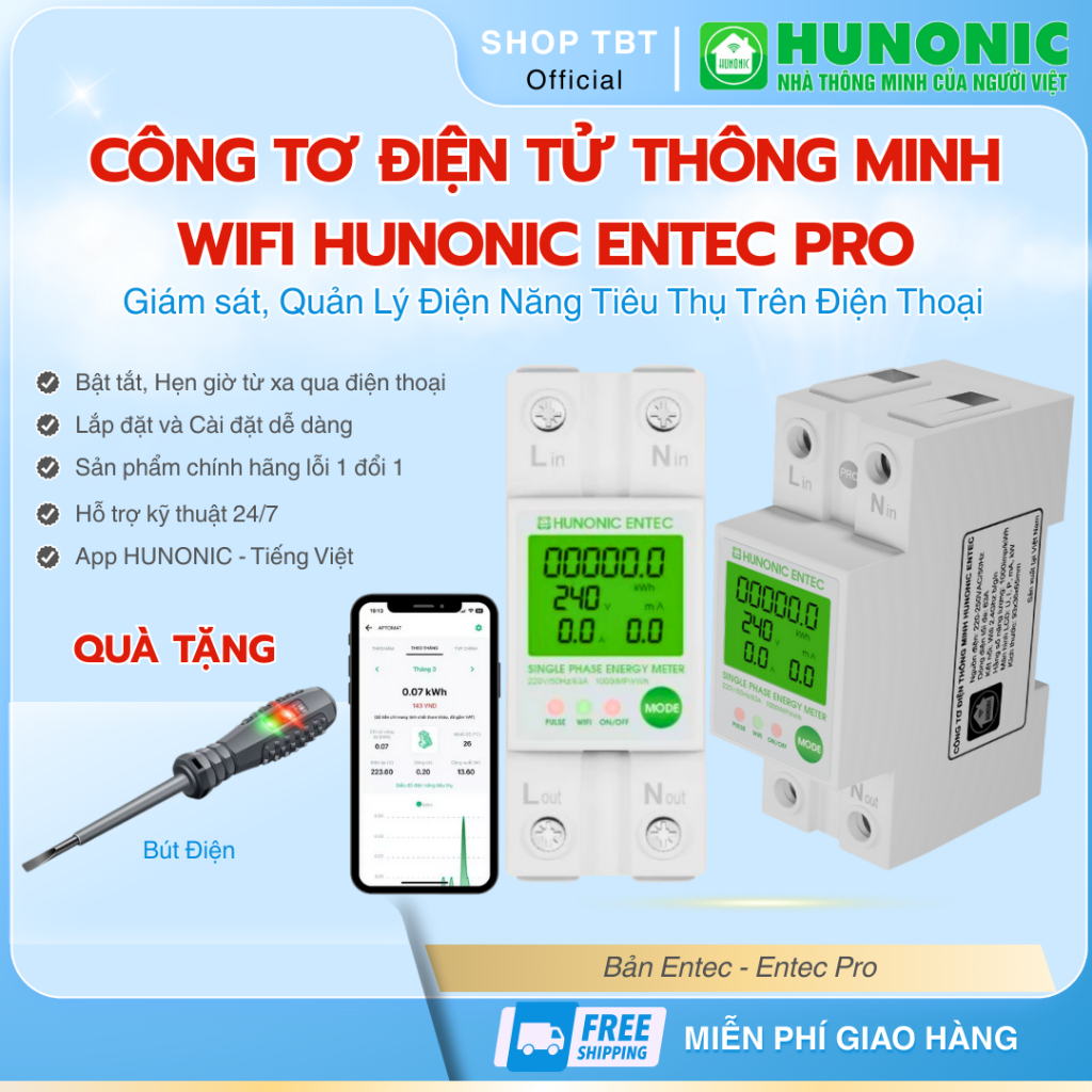 Công Tơ Điện Tử Wifi Hunonic ENTEC, Đóng Cắt, Đo Điện Năng, Theo Dõi ...