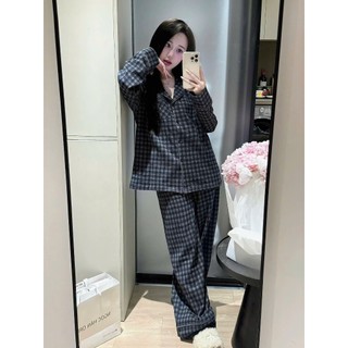 Bộ đồ ngủ nữ, bộ đồ ngủ lót lông kẻ caro tay dài chất dạ kẻ lót lông hàng đẹp bigsize