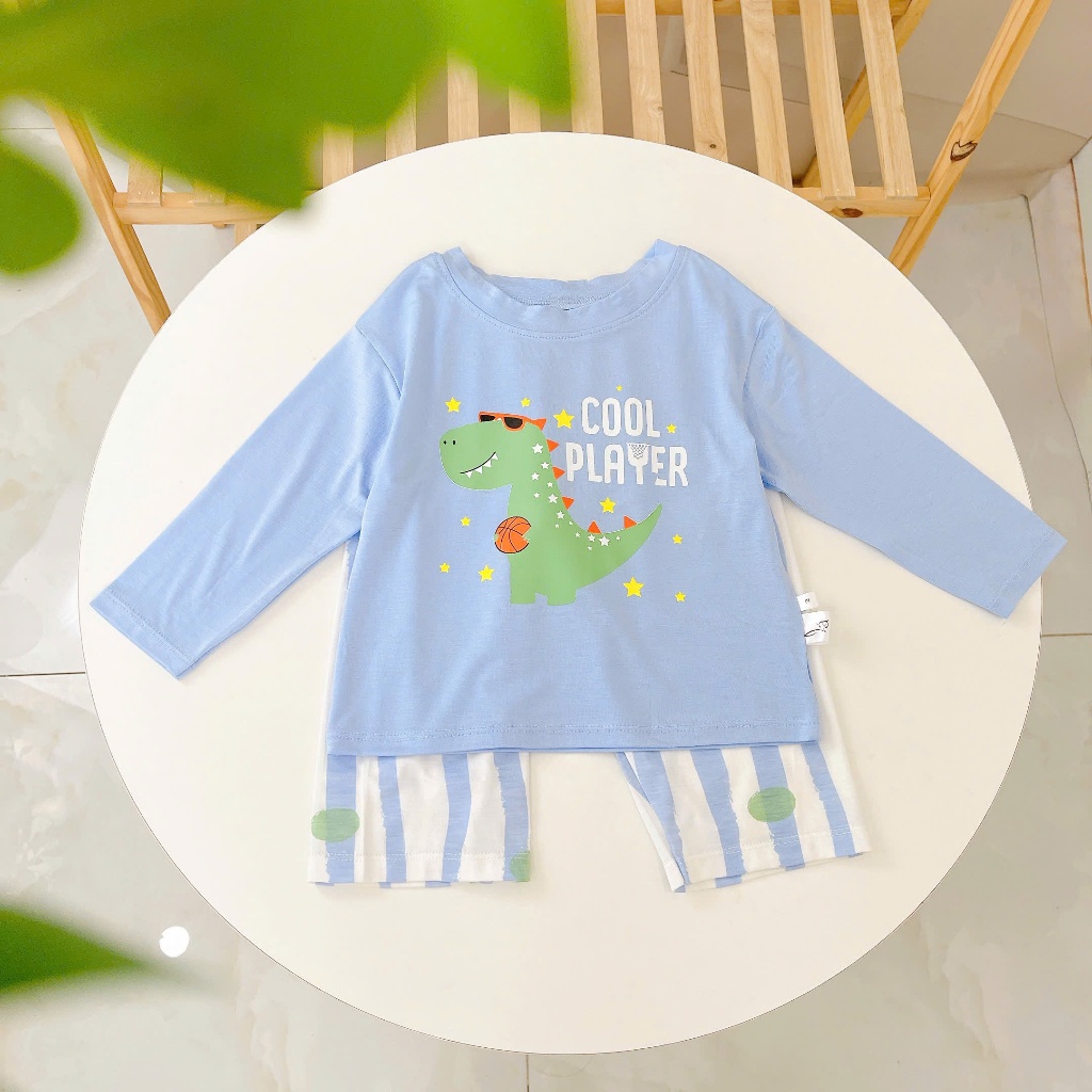 Bộ dài tay cho bé sợi sồi Modal Lá Homewear A376, đồ ngủ mát bé trai gái khủng long kitty dễ thương
