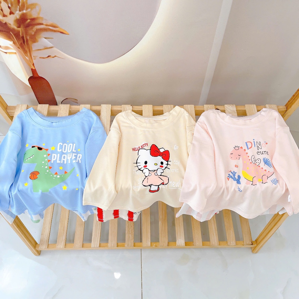 Bộ dài tay cho bé sợi sồi Modal Lá Homewear A376, đồ ngủ mát bé trai gái khủng long kitty dễ thương