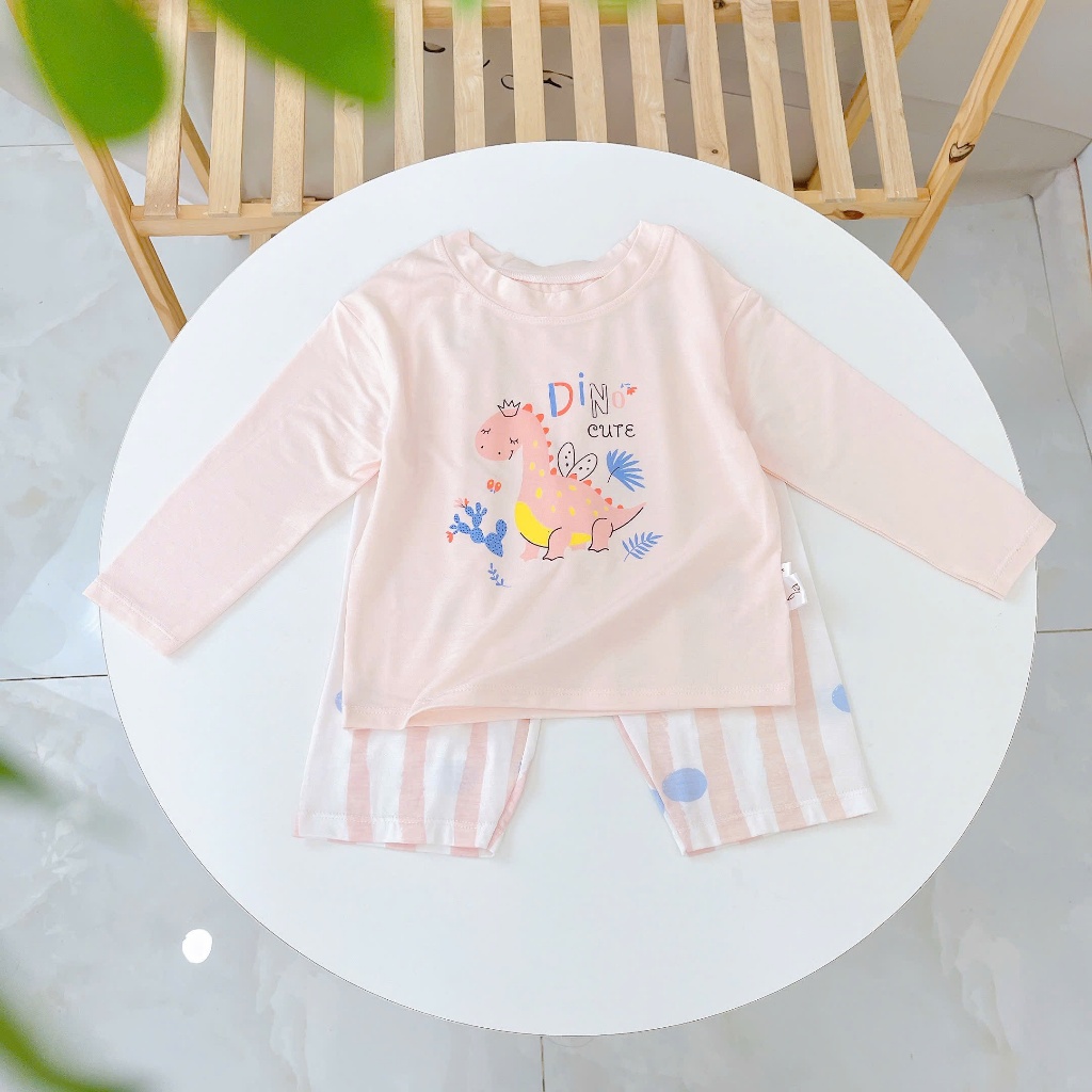 Bộ dài tay cho bé sợi sồi Modal Lá Homewear A376, đồ ngủ mát bé trai gái khủng long kitty dễ thương