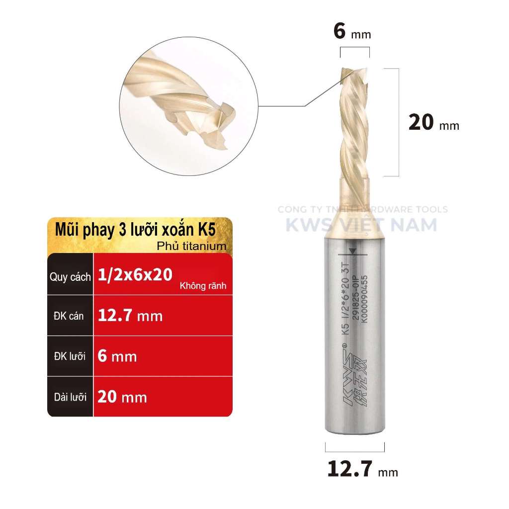 Mũi Phay CNC Xoắn 3 Lưỡi Phủ Nano Titanium KWS 6mm 8mm – Dao Phay CNC Cắt PET, MDF Không Bong Màng