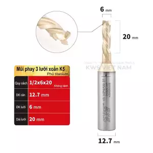 Mũi Phay CNC Xoắn 3 Lưỡi Phủ Nano Titanium KWS 6mm 8mm – Dao Phay CNC Cắt PET, MDF Không Bong Màng
