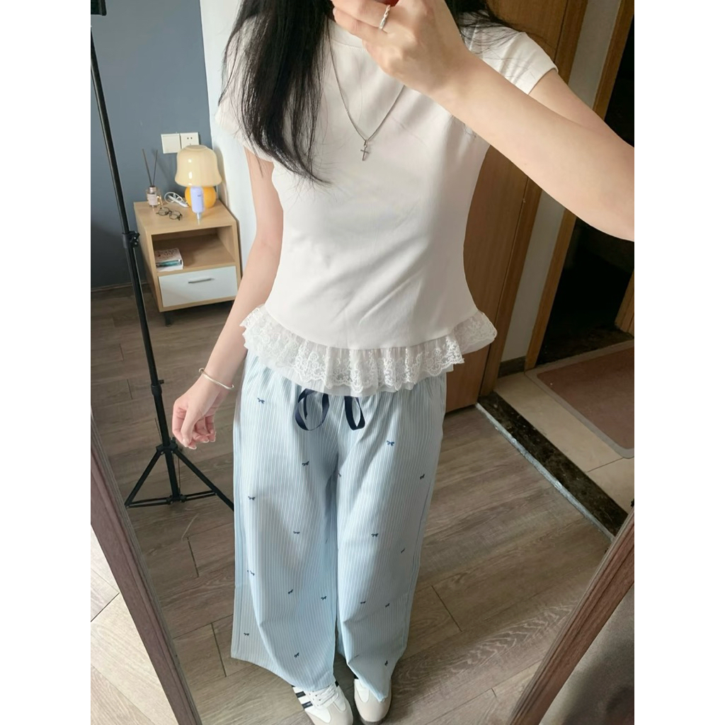 Quần Dài Mặc Nhà Cotton Sọc Nhỏ Dễ Thương Dáng Rộng Lưng Thun Thoải Mái