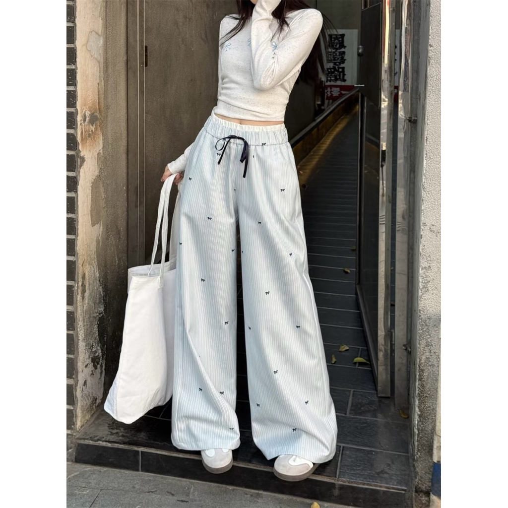 Quần Dài Mặc Nhà Cotton Sọc Nhỏ Dễ Thương Dáng Rộng Lưng Thun Thoải Mái