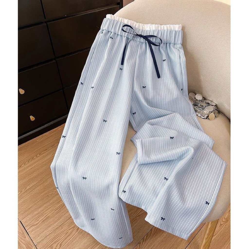 Quần Dài Mặc Nhà Cotton Sọc Nhỏ Dễ Thương Dáng Rộng Lưng Thun Thoải Mái