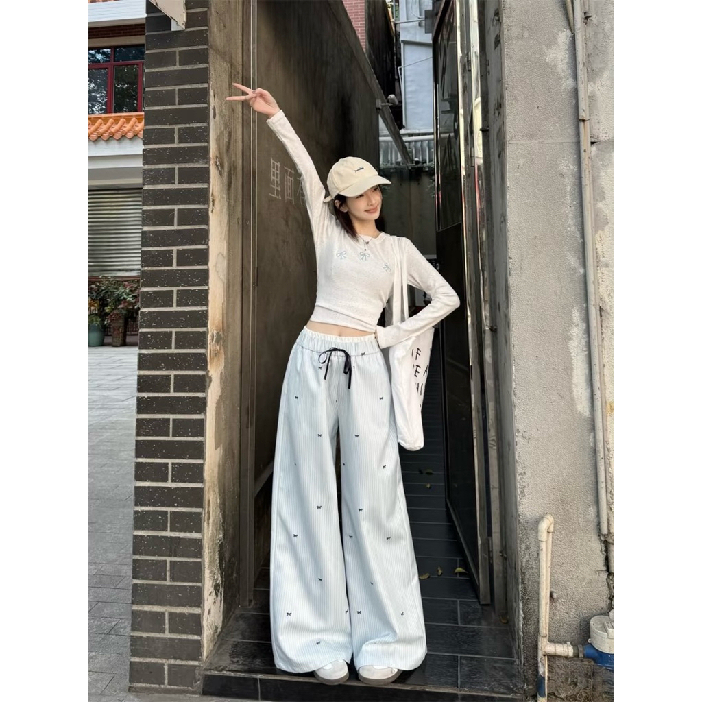 Quần Dài Mặc Nhà Cotton Sọc Nhỏ Dễ Thương Dáng Rộng Lưng Thun Thoải Mái