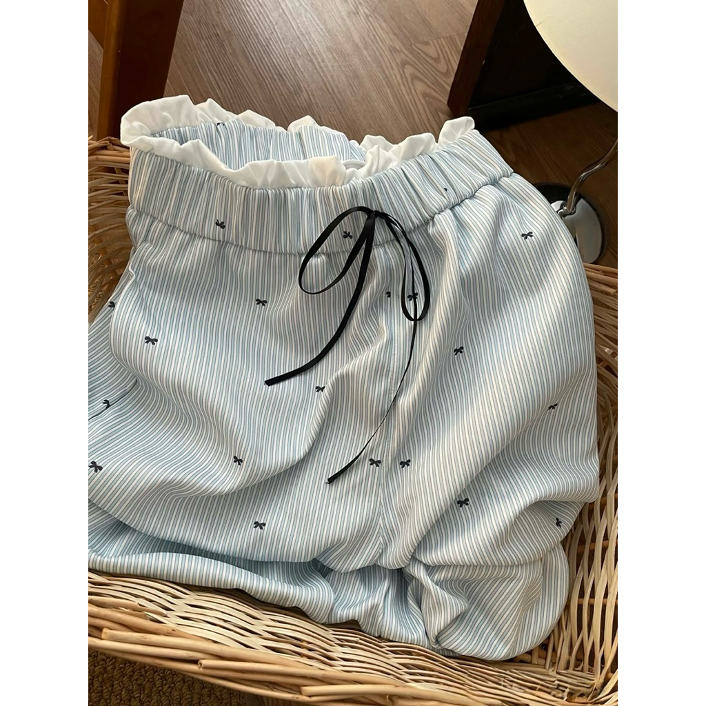 Quần Dài Mặc Nhà Cotton Sọc Nhỏ Dễ Thương Dáng Rộng Lưng Thun Thoải Mái
