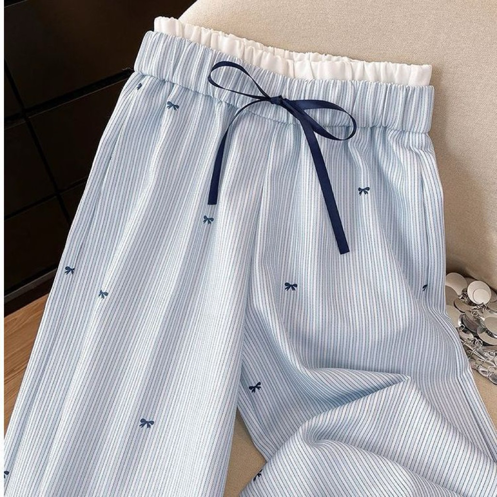 Quần Dài Mặc Nhà Cotton Sọc Nhỏ Dễ Thương Dáng Rộng Lưng Thun Thoải Mái