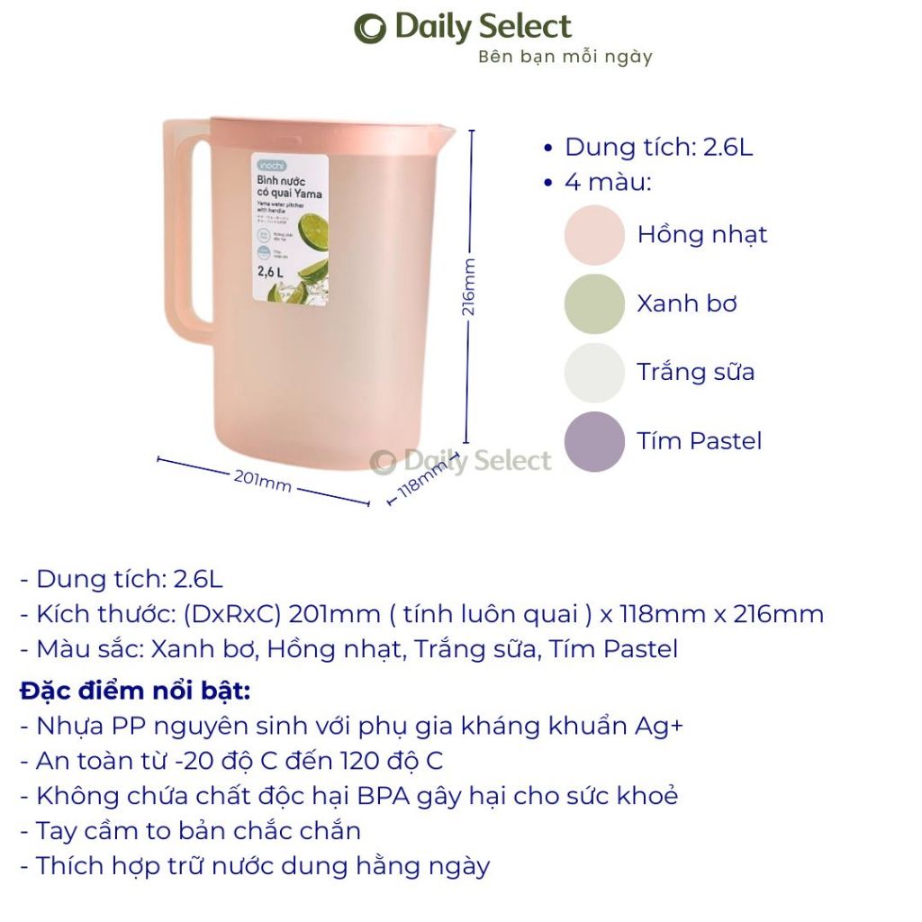Bình đựng nước có quai 2.6L Inochi YAMA nhựa PP, BPA FREE Bình đựng trà Daily Select