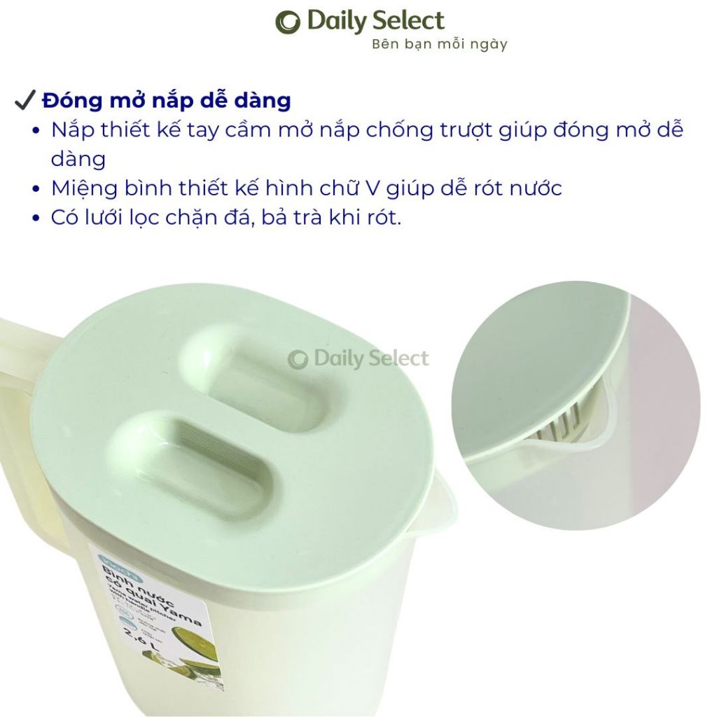 Bình đựng nước có quai 2.6L Inochi YAMA nhựa PP, BPA FREE Bình đựng trà Daily Select
