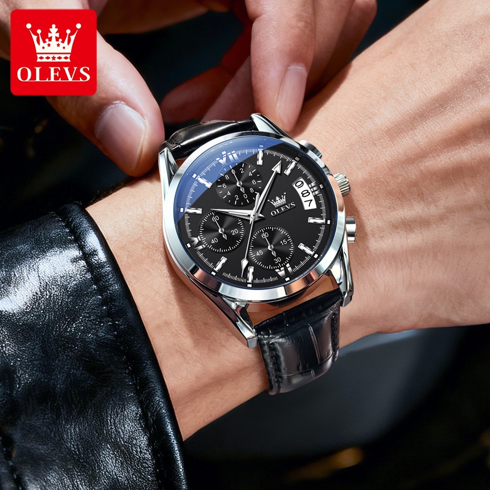 OLEVS Đồng hồ Nam Chính hãng Dây đeo đồng hồ bằng da Quà chức năng phát sáng lịch Tinh tế 2987