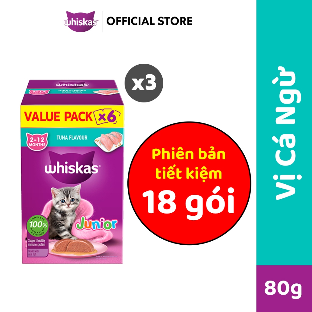 WHISKAS Junior Pate Mèo Con Vị Cá Ngừ 80g – Combo 3 Hộp Tiết Kiệm (Tổng 18 gói)