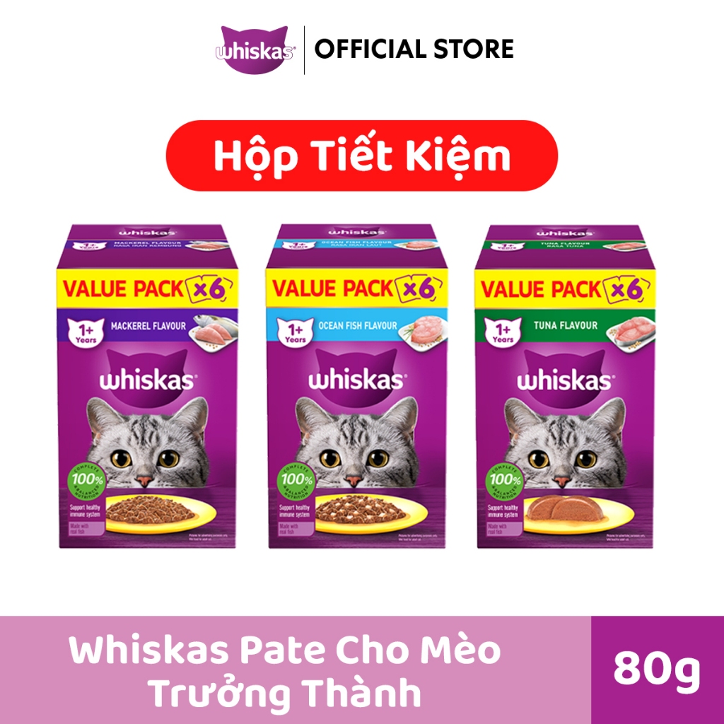 WHISKAS Pate Mèo Trưởng Thành 80g –  Hộp Tiết Kiệm (Tổng 6 gói)