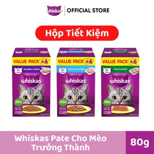 WHISKAS Pate Mèo Trưởng Thành 80g – Hộp Tiết Kiệm 5+1 (Tổng 6 gói)