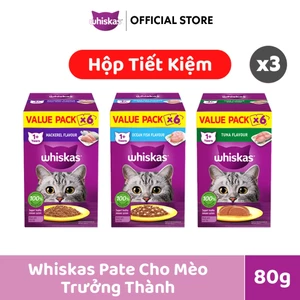WHISKAS Pate Mèo Trưởng Thành 80g - Combo 3 Hộp Tiết Kiệm 5+1 (Tổng 18 gói)