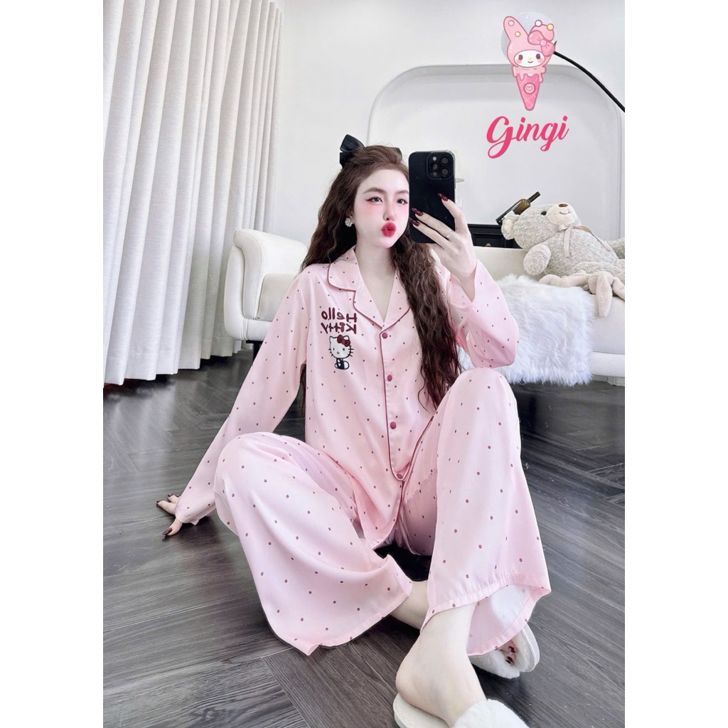[ Size40-60kg TDQD040824 ]Đồ bộ nữ mặc nhà áo tay dài quần dài hoạ tiết dễ thương chất lụa latin cao cấp