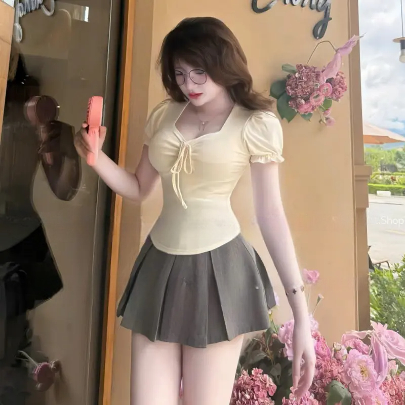 Áo Thun Nữ Bigsize Tay Ngắn MIMISA Phồng Cổ Vuông Phối Nơ Ôm Body Chất Thun Tăm Co Giãn - A549