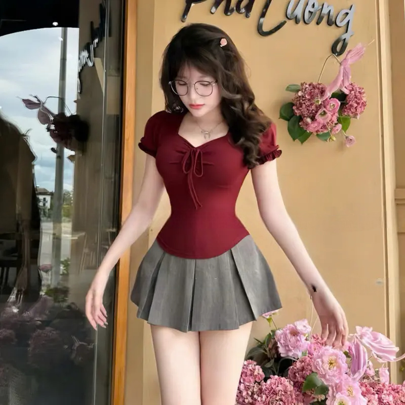Áo Thun Nữ Bigsize Tay Ngắn MIMISA Phồng Cổ Vuông Phối Nơ Ôm Body Chất Thun Tăm Co Giãn - A549