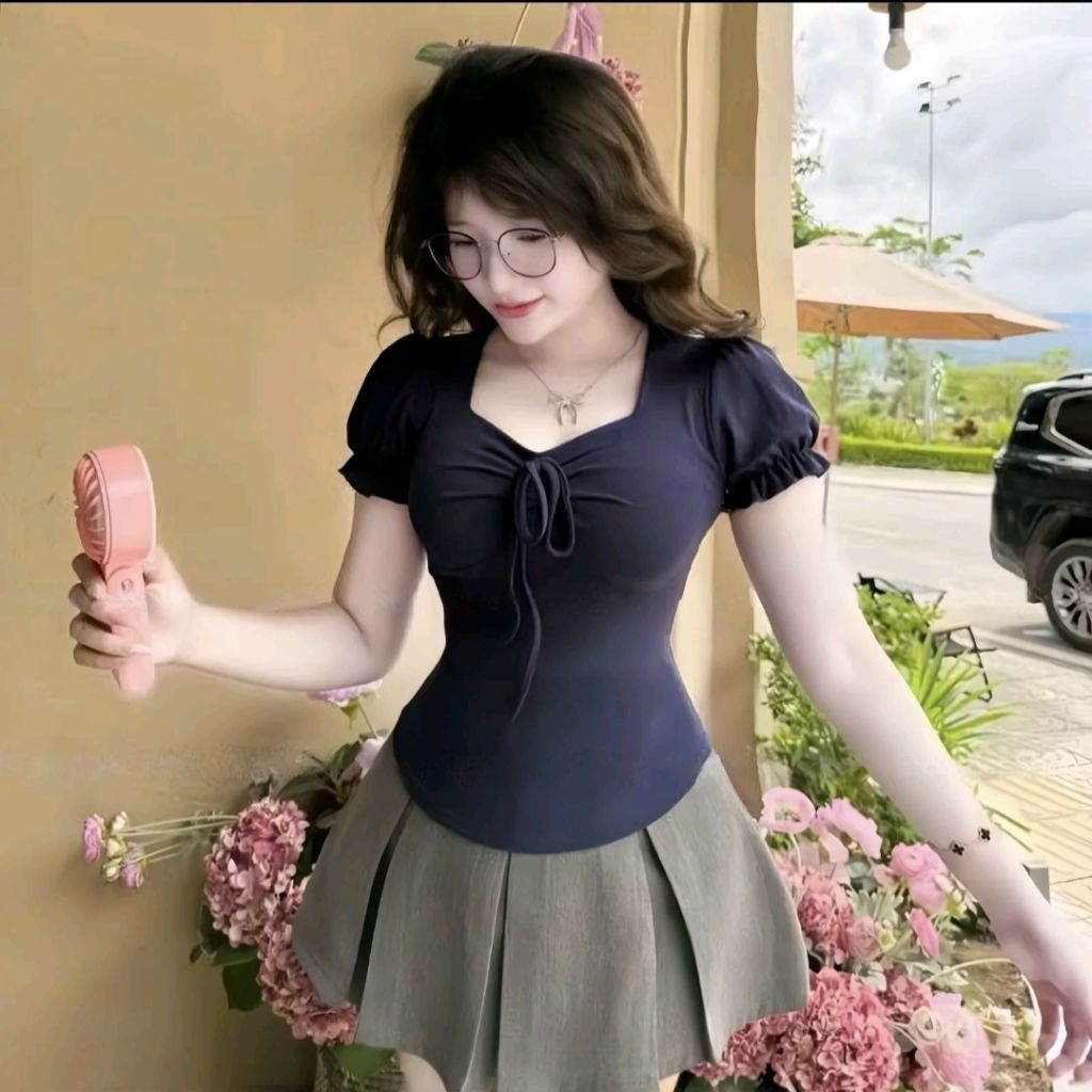 Áo Thun Nữ Bigsize Tay Ngắn MIMISA Phồng Cổ Vuông Phối Nơ Ôm Body Chất Thun Tăm Co Giãn - A549