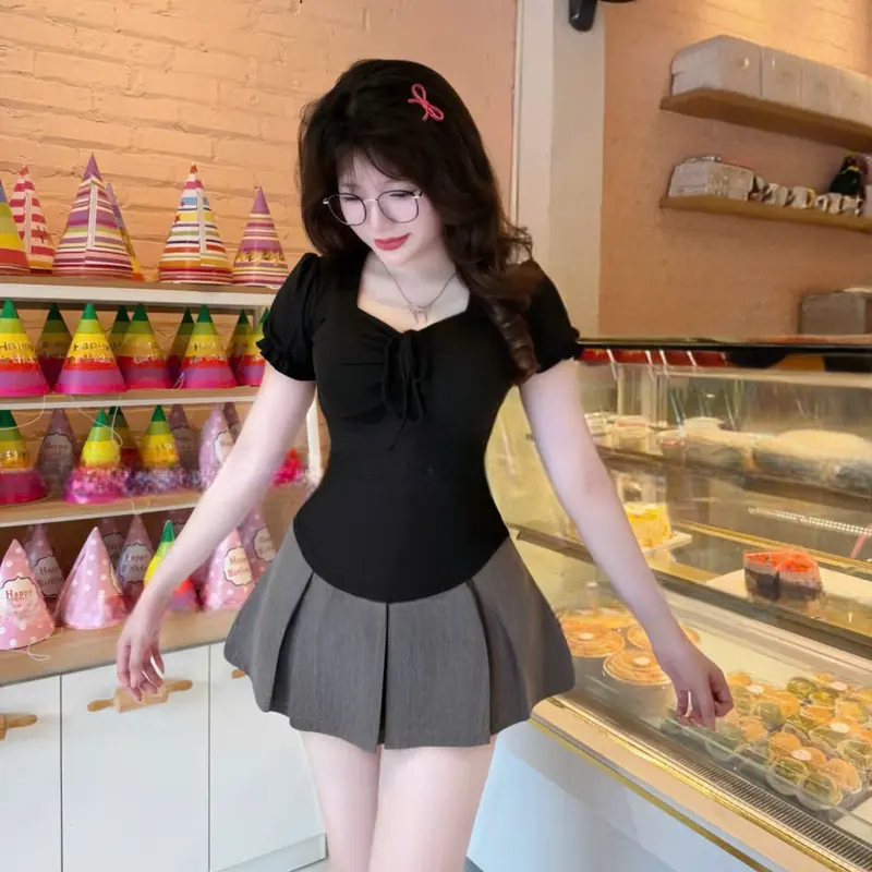 Áo Thun Nữ Bigsize Tay Ngắn MIMISA Phồng Cổ Vuông Phối Nơ Ôm Body Chất Thun Tăm Co Giãn - A549